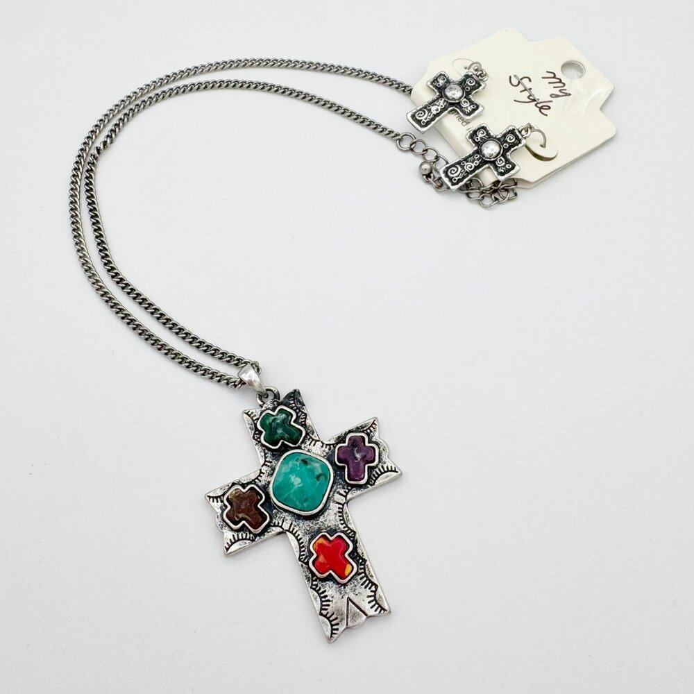New Western Turquoise Multi Colored Stone Cross Pendant Necklace Earrings Set